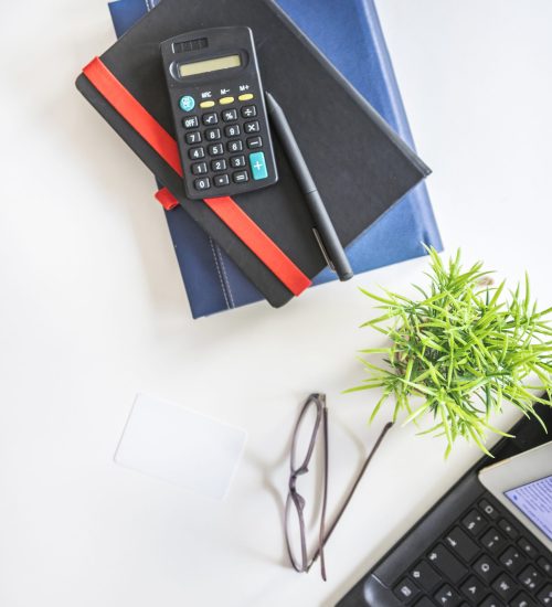 various-stationeries-eyeglasses-potted-plant-tabletop